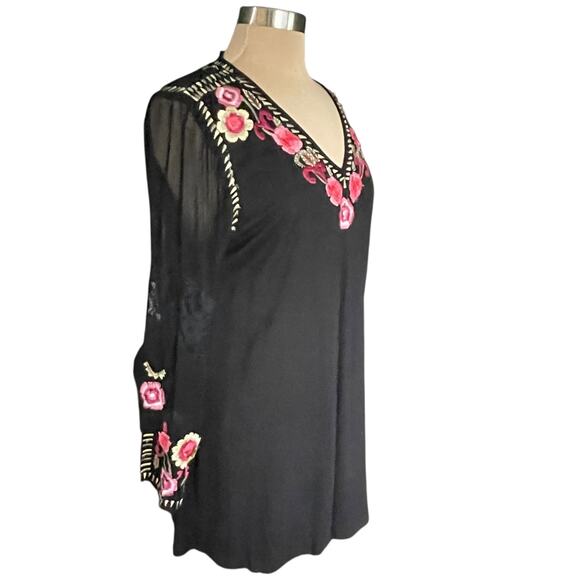 Vintage Collection Black Chiffon Floral Embroidery Lace V-neck Tunic Size L Boho - Picture 5 of 9